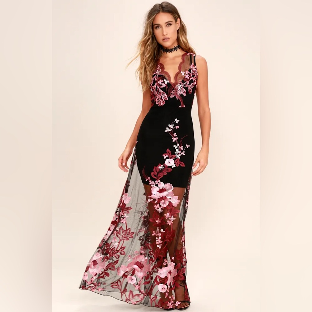 Lulus Work the Bloom Wine Red and Black Embroidered Maxi Dress Size XS